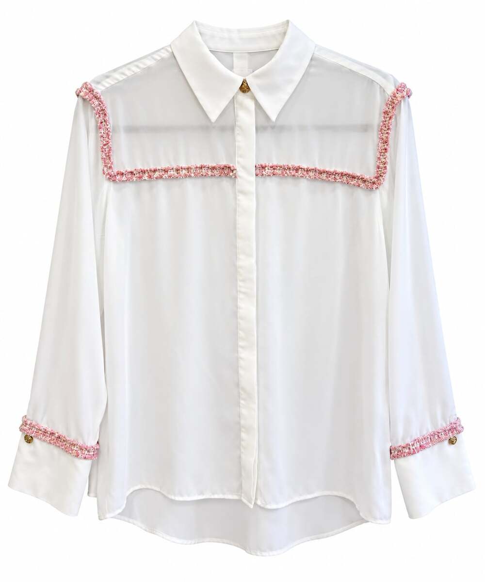 Zara Women's White Pink Tweed Trim Sheer Button Down Blouse (Size M) - Picture 2 of 5